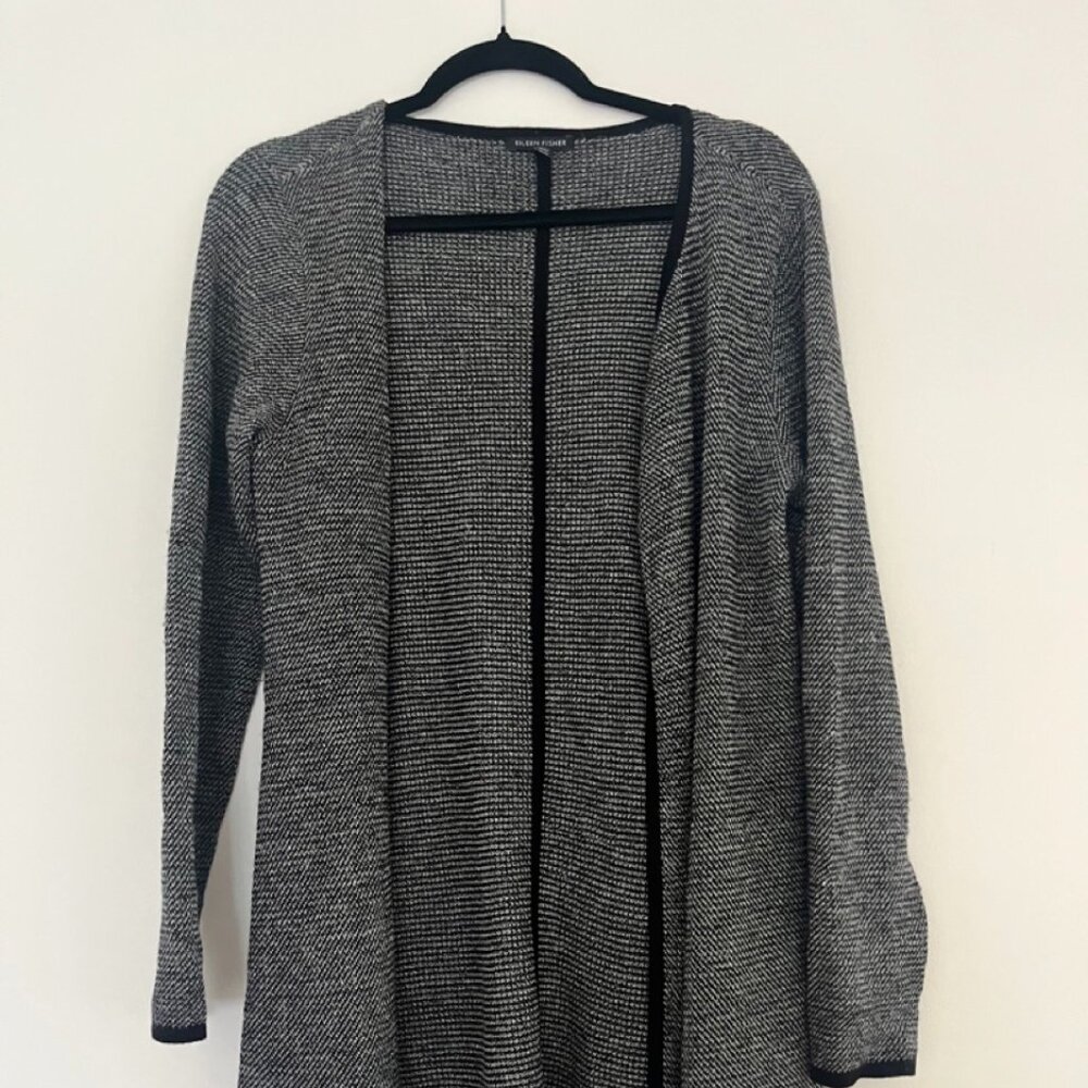 Eileen Fisher Black & White Wool and Linen Medium Long Cardigan